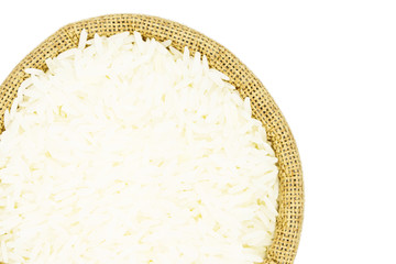 thai raw rice on sack isolated white background
