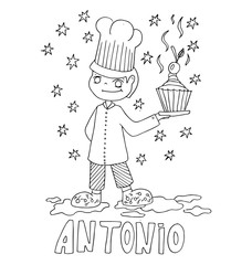 The simple outline drawing for coloring with the image of children of different name characters and education on the white background