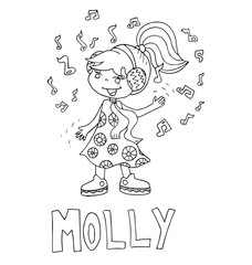 The simple outline drawing for coloring with the image of children of different name characters and education on the white background