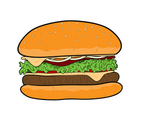 Burger, a hand drawn vector illustration of a hamburger.