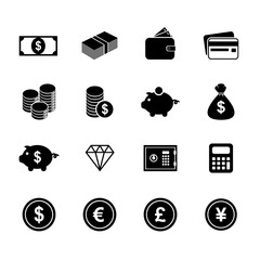Money icons. Finance icon. Currency icon. Silhouette. Buttons. V
