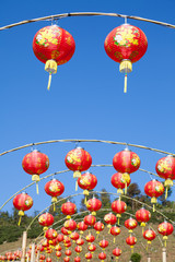 Fototapeta na wymiar Red chinese lanterns with blue sky