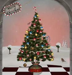 Wonderland christmas tree in a winter scenery