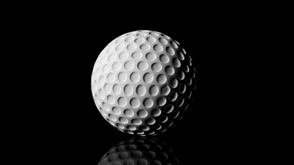 Golf ball, isolated on black background with reflection.