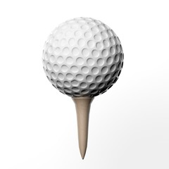 Golf ball on a tee, isolated on white background