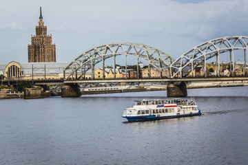 Fototapeta na wymiar Railway Bridge and River Daugava, Riga, Latvia