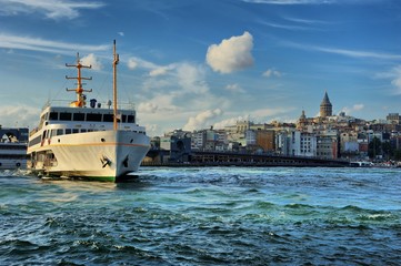 Golden Horn, Karakoy Galata Bridge and classic steamer of Istanbul, Turkey 