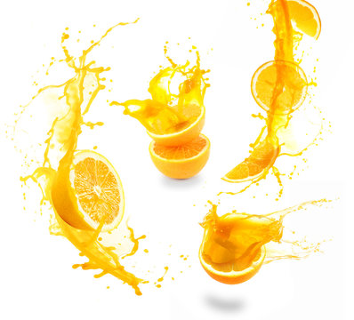 Collage of orange juice splashes isolated on white