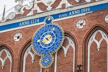 Detail of astronomical clock on the House of Blackheads, Riga, L