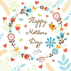 Happy Mothers Day card with flowers and birds