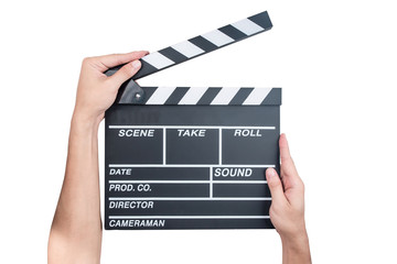 Man holding movie production clapper board isolated on white background