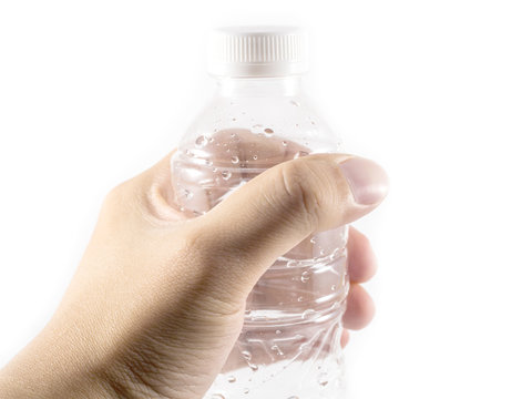 drinking water bottle in my hand on white background