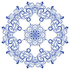 Circular floral ornament blue. Mandala, vintage vector banner