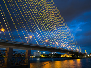 the bridge construction on twilight and river reflection at night, Rama 8 Bridge