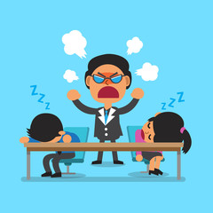 Cartoon business team sleeping and angry boss for design.