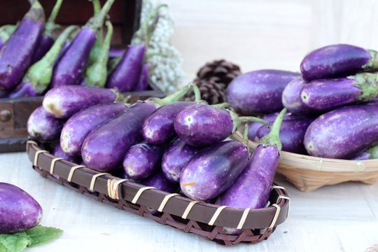 Purple eggplants fresh for cooking on wood background.