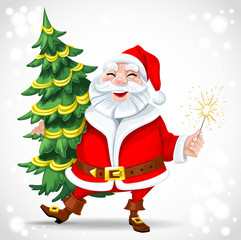 Cute Santa Claus holding Christmas tree