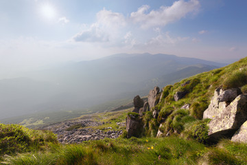 Panorama of mountain hills at sunny day