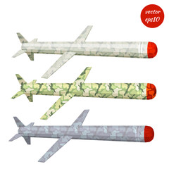 Set cruise missile khaki isolated on white background. Low poly