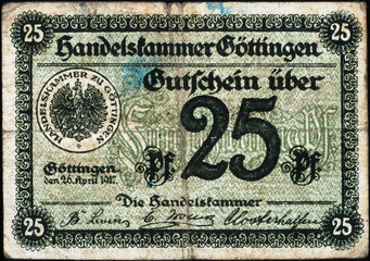 Historische Banknote, Notgeld, 26. April 1917, Fünfundzwanzig Pfennig, Deutschland