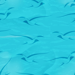 Seamless blue background with birds in the background of the sea