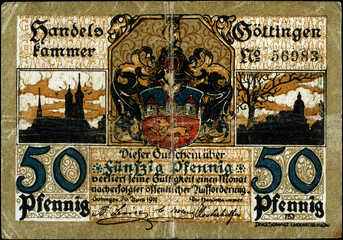 Historische Banknote, Notgeld, 26. April 1917, Fünfzig Pfennig, Deutschland - obrazy, fototapety, plakaty