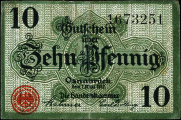 Historische Banknote, Notgeld, 1. Mai 1917, Zehn Pfennig, Deutschland