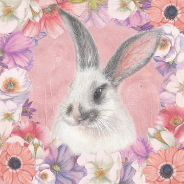 Floral greeting card with bunny
