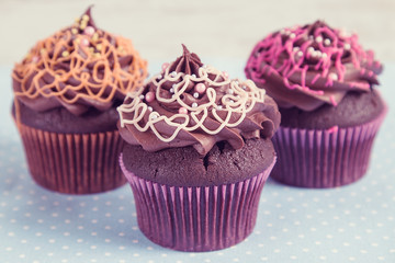 Homemade chocolate cupcake on blue polka dot background