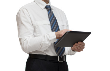businessman in white shirt with a tablet