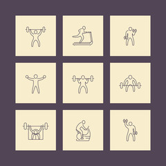 Gym, fitness exercises, training, workout line icons