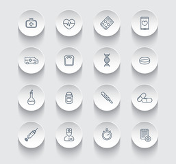 medicine, health care, pharmaceutics, hospital, line round icons pack