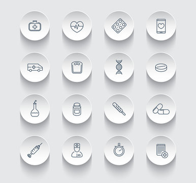 Medicine, Health Care, Pharmaceutics, Hospital, Line Round Icons Pack