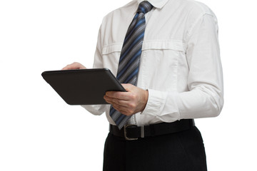 businessman in white shirt with a tablet