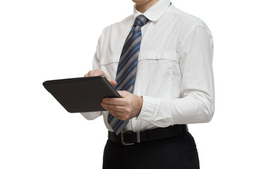 businessman in white shirt with a tablet
