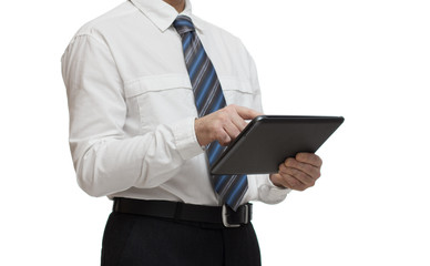 businessman in white shirt with a tablet