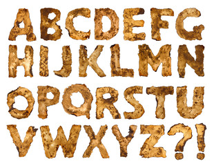 Burnt paper alphabet isolated on white background