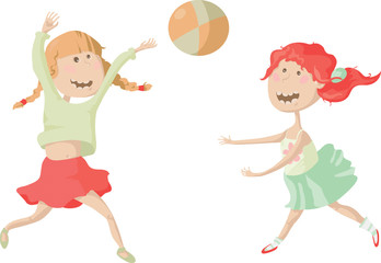 Vector illustration of girls playing with a ball, isolated on white