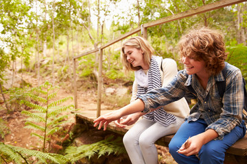 Siblings sitting on a wooden bridge playing in a forest