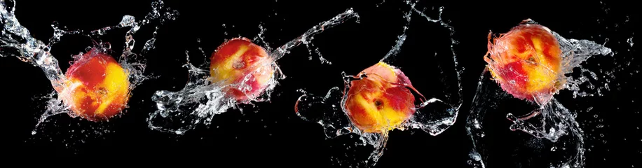 Foto op Plexiglas Set of fresh nectarines in water splashes on black background © Vitaliy