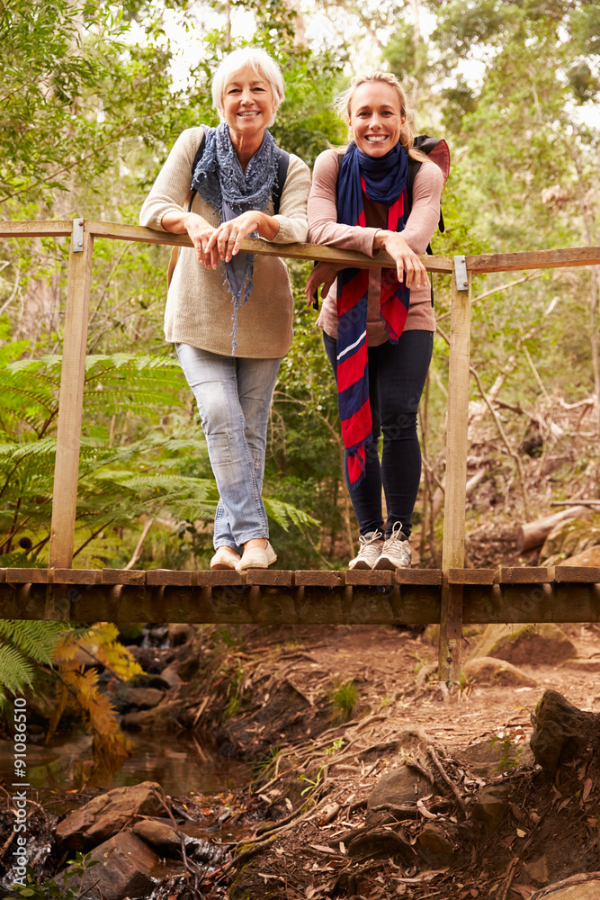 Poster Mother and adult daughter on a bridge in a forest, to camera