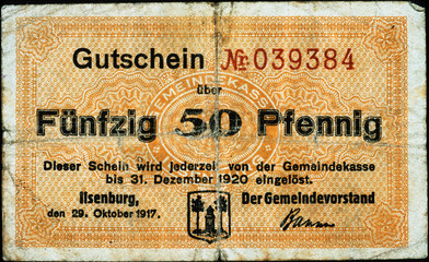Historische Banknote, Notgeld, 29. Oktober 1917, Fünfzig Pfennig, Deutschland