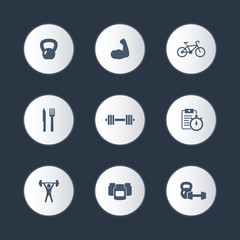fitness, sport, gym round icons set