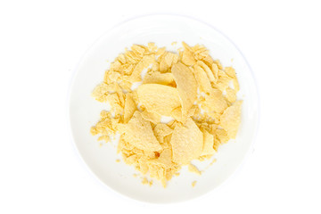 Dirty dish with fried potatoes isolated on white background