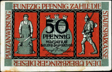 Historische Banknote, Notgeld, 1. März 1918, Fünfzig Pfennig, Deutschland