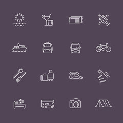 Travel, tourism, trip, vacation linear white icons, vector illustration