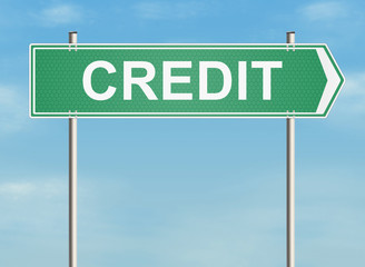 Credit. Road sign on the sky background. Raster illustration.