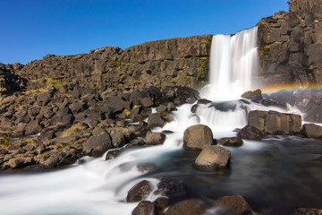 The Oxarafoss waterfall in the Pingvellir National Park in Iceland