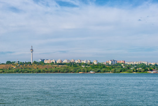 Cityscape of Galati and television tower on Danube river