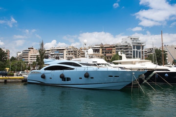 Fototapeta na wymiar Fast Motor boats and Luxury in Marina Zeas Piraeus Greece
